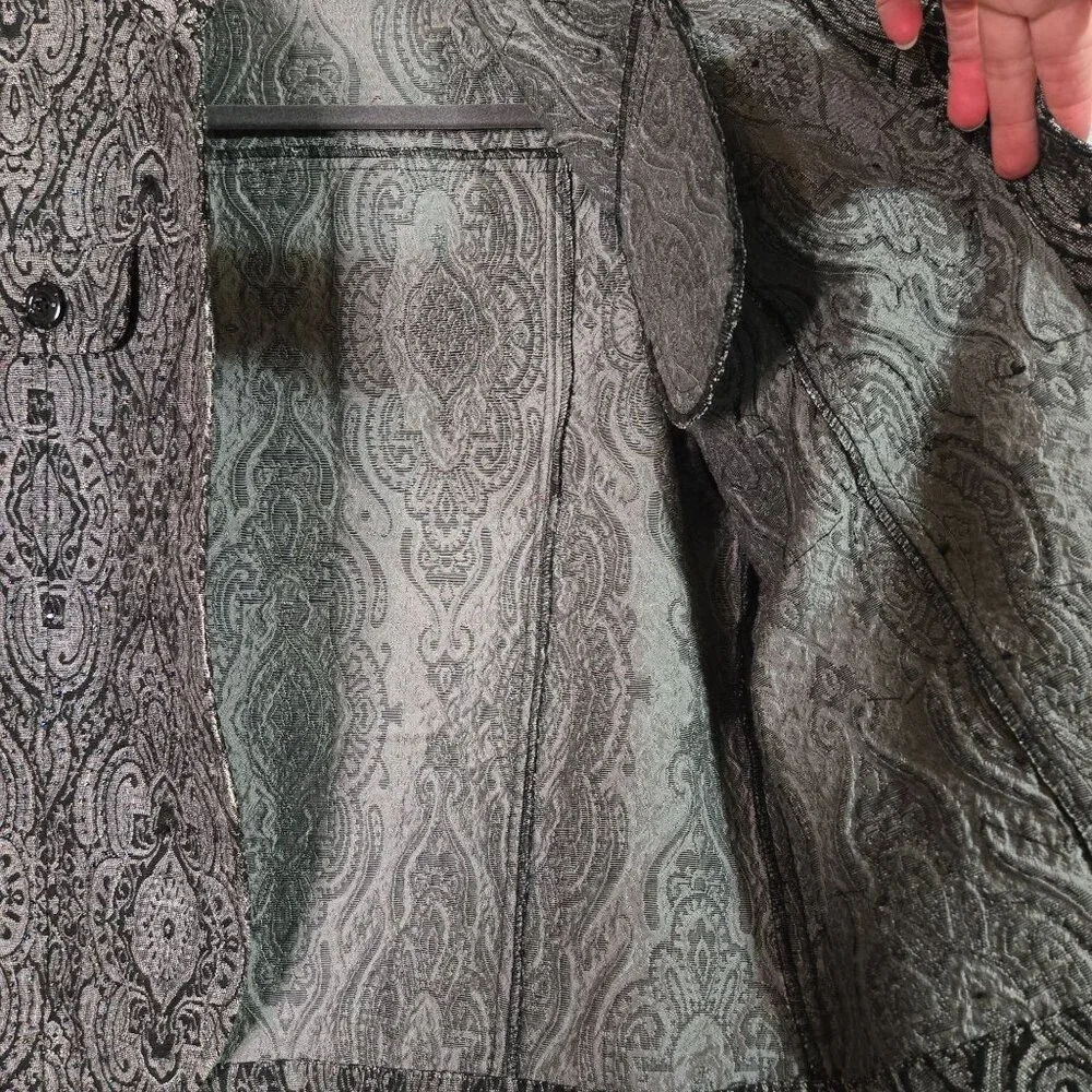 Vintage  L Tapestry Maximalist Art to‎ Wear Beaded Black Silver Shirt Jacket